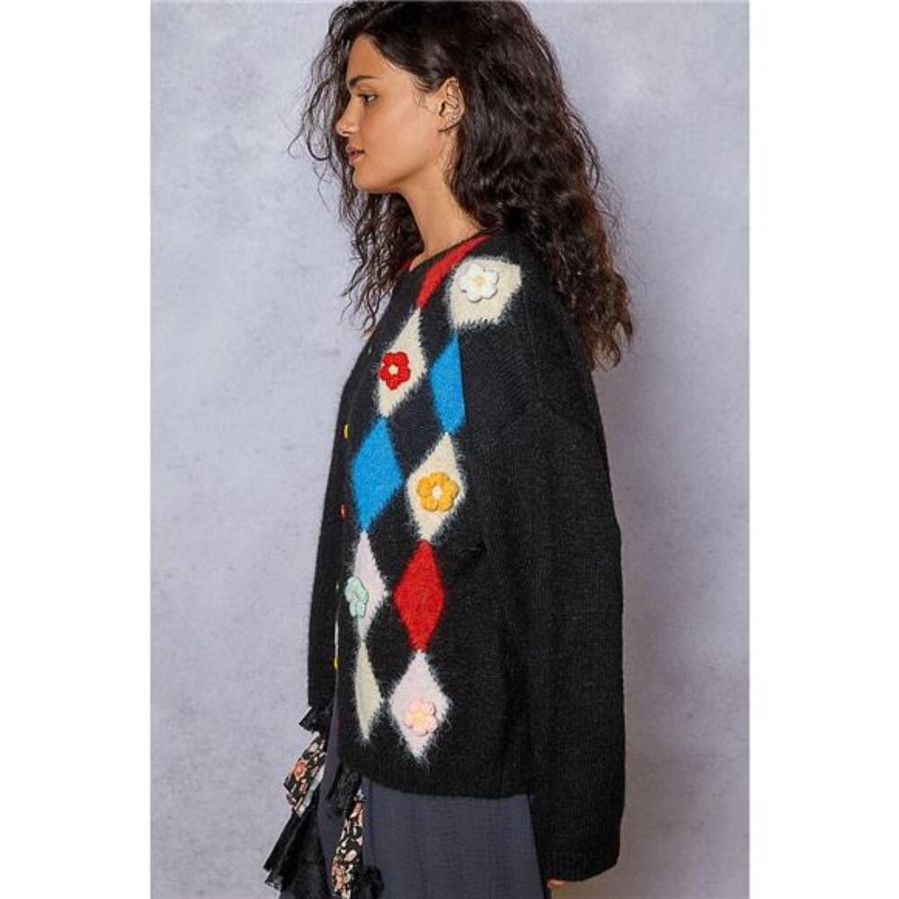 POL Button Down Diamond Pattern Round Neck Cardig… - image 3